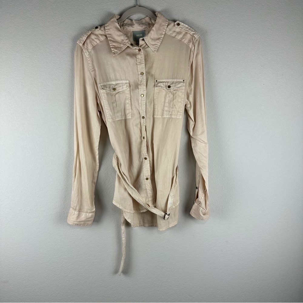 NEW Maeve Anthropologie Tan Beige Belted Button Front Long Sleeve Top Size 10